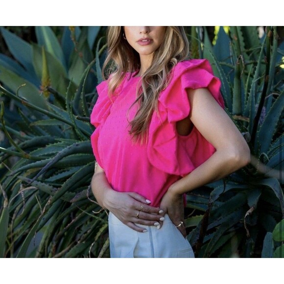 THML Woman’s Puff Sleeve Ruffle Neckline Pink Fuchsia Top Blouse Sz L - Picture 3 of 15